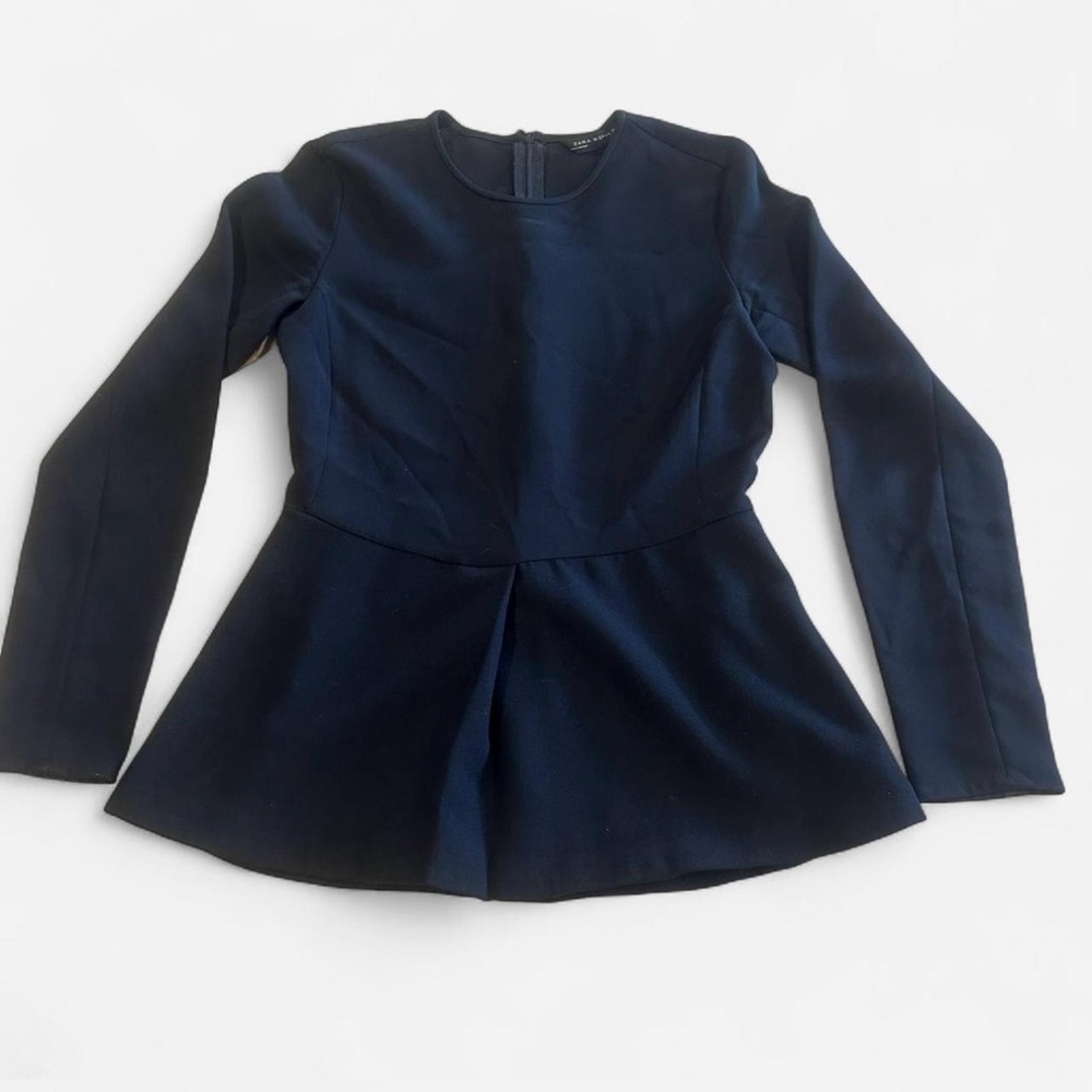 Zara Women's Black Long Sleeve Fitted Ruched Classic Peplum Shirt Top Size 6 Zip